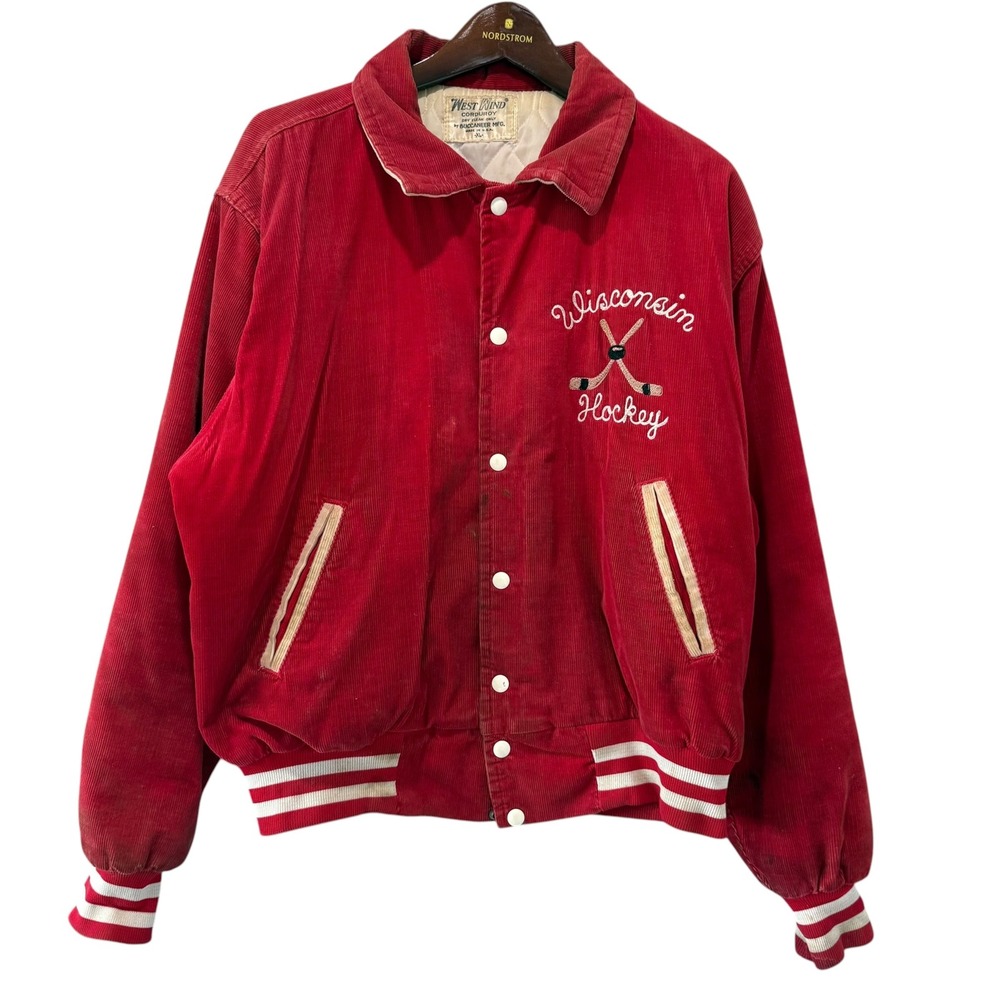 Vintage West Wind Wisconsin Hockey Corduroy Varsity Jacket Red Mens XL USA Made